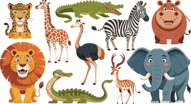 Vibrant Collection of African Wildlife Animals depicted in a cartoon style, including lions, elephants, giraffes, zebras, and hippos
