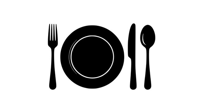 Plate with fork, knife, and spoon icons representing dining and meal service in a simple black silhouette.