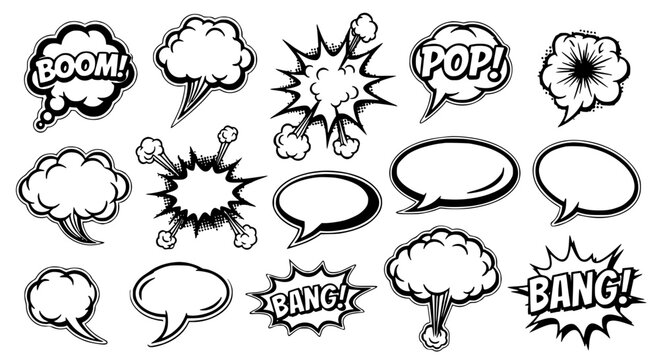 Speech bubble collection with comic book style sound effects like Boom, Pop, and Bang featuring explosion, talking, dialogue with cartoon and retro