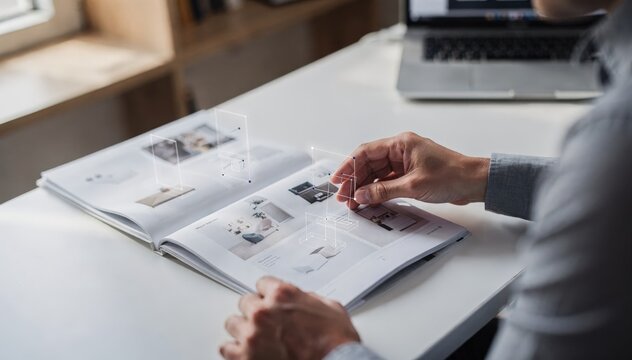 Designer aligning augmented reality markers on product catalog pages with blurred background for immersive print to digital experience.