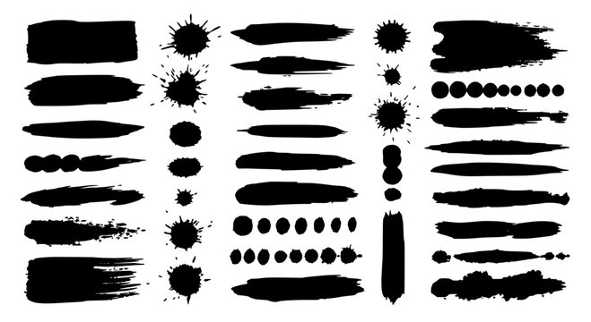 Brush stroke and ink splatter elements, a collection of black distressed artistic marks and splatters for graphic design.