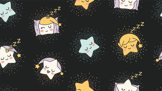 Sweet seamless pattern for children featuring adorable sleeping stars wearing nightcaps and resting on soft purple pillows against a dark sky.