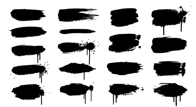 Paint brush stroke textures with dripping ink effects in a black silhouette collection for artistic design elements.