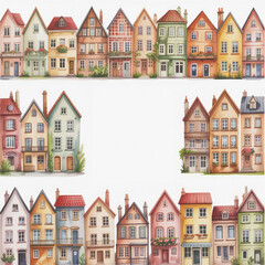Fototapeta premium Cute houses frames watercolor village illustration, town digital frame clipart 4000x4000 DPI