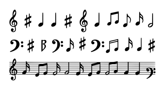Musical notes and symbols including treble clefs, bass clefs, sharps, and various note durations on a staff.