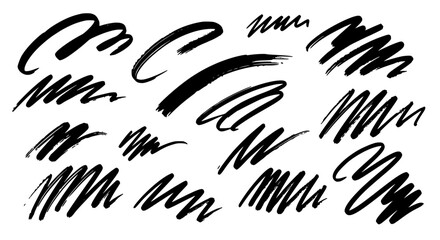 Obraz premium Brush strokes abstract set with black ink splashes and scribbles, organic hand-drawn lines on white background for design