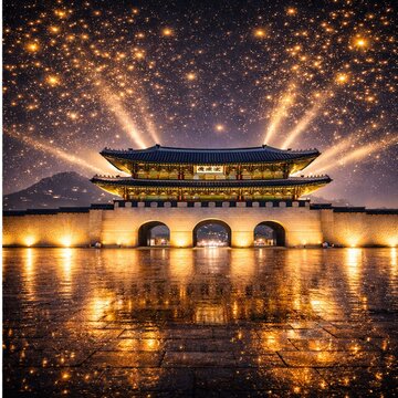 Gwanghwamun gate at night with golden light particles and dramatic illumination in Seoul Korea