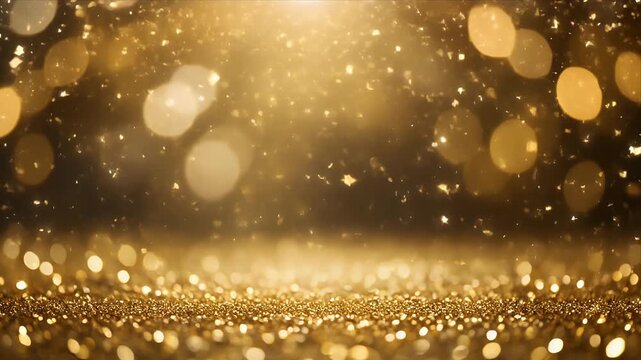 Golden Bokeh Lights Sparkling on Glittering Background with Soft Focus Warm Glow