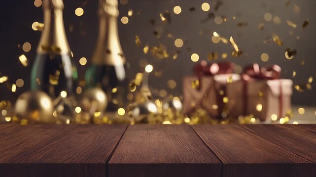 Champagne Bottles and Gift Boxes on Wooden Table with Bokeh Lights Background