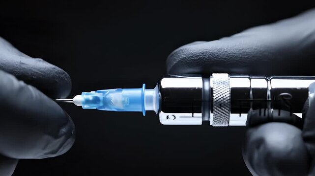 A gloved hand holds a syringe, preparing for injection