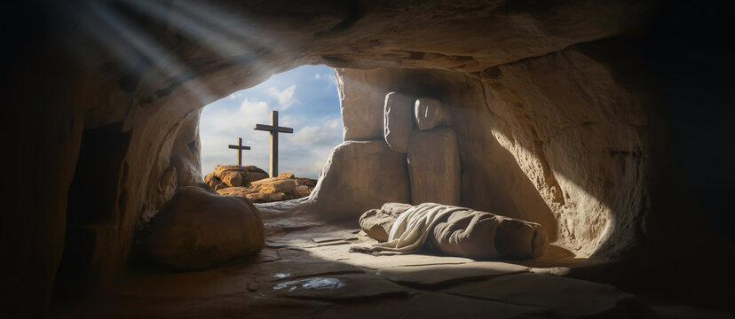 Easter tomb scene with crosses, stone rolled away, sunlight shining in