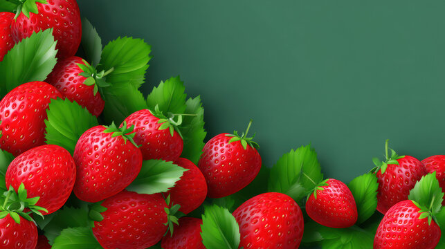 Vibrant, juicy strawberries arranged artfully with lush green leaves against a complementary green background, creating a fresh and inviting composition.
