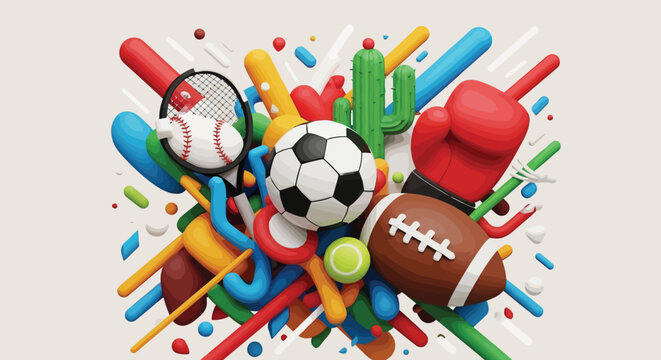 A colorful set of soccer ball and football sports toys isolated on a white background for a school play or child's birthday party game concept