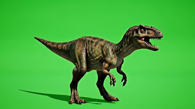 Realistic dinosaur with scales, sharp teeth, and claws stands on a green background
