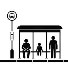 Simple black and white illustration of people waiting at a bus stop © FAS