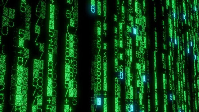 Complex Display of Code Cascading Downwards. Green Coding Background. Seamless Loop.