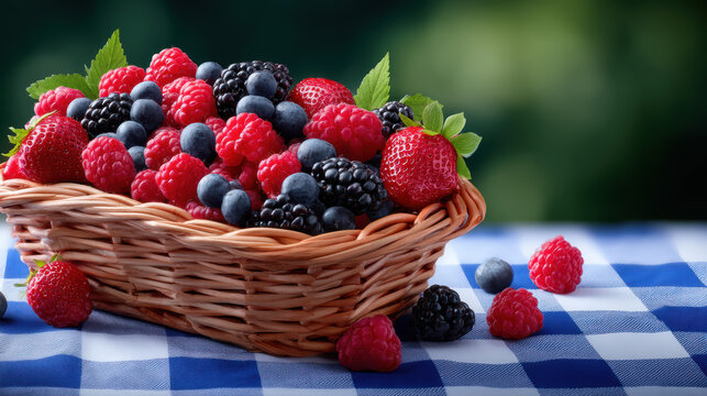 A woven basket overflowing with fresh and colorful mixed berries sits on a blue and white checkered tablecloth, set against a blurred natural outdoor backdrop.