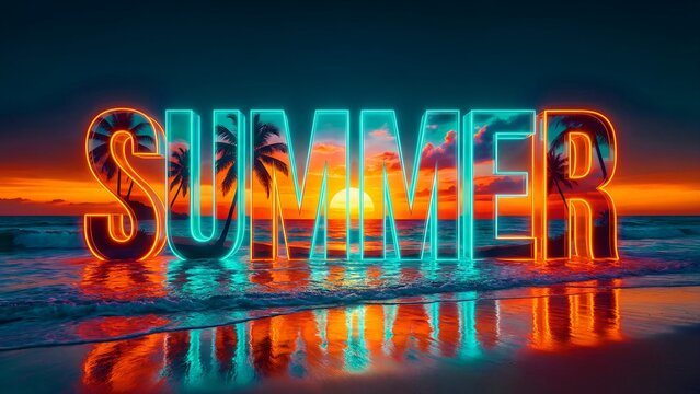 Glowing neon letters spelling summer stand prominently on a wet beach reflecting an intense tropical sunset featuring palm silhouettes and ocean waves
