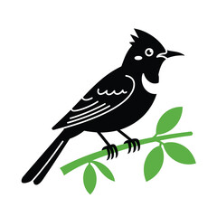Obraz premium Stylized black silhouette of a bird perched on a green branch