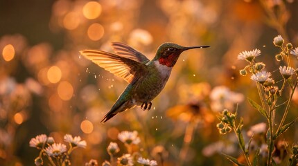 Obraz premium A hummingbird hovers near colorful flowers in a lush garden environment.