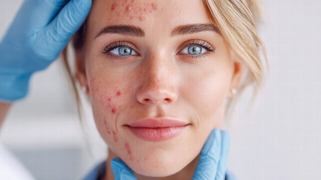 A woman's face is closely examined for skin problems in a medical setting with bright blue eyes.