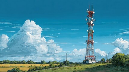 Obraz premium A tall cell tower stands against a bright blue sky with some clouds. The illustration captures rural landscape with a communication tower infrastructure 