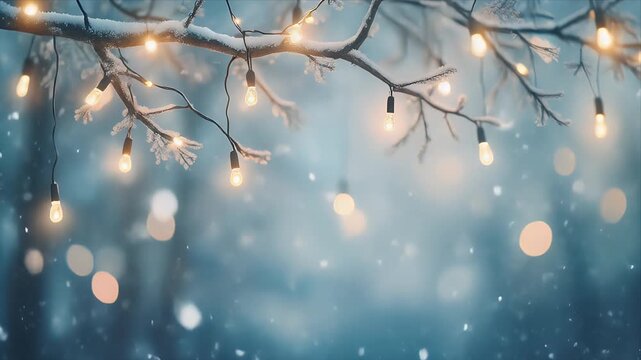 Twinkling Lights Hanging on Bare Branches in Soft Blue Winter Atmosphere