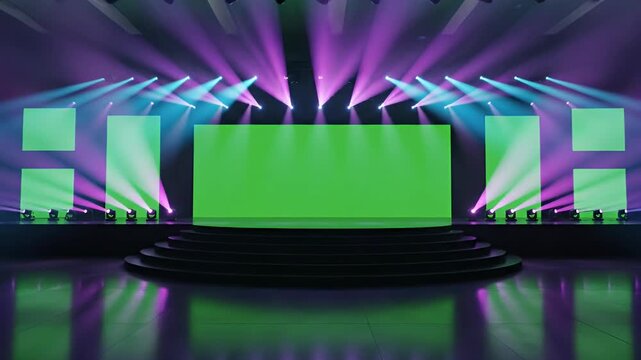 Modern stage with green screens, lights, and reflections