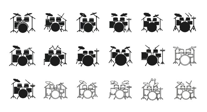 Drum Set Icon Collection: Various Drum Kits and Percussion Instruments
