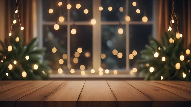 Warm String Lights Glowing Over Wooden Table in Cozy Indoor Setting