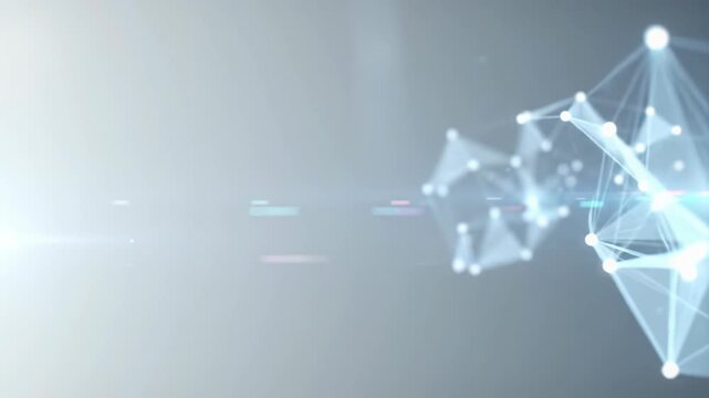 Ethereal brilliant lines and luminous particles form a complex digital network expanding on a minimalist white-to-pale-grey background with copy space. Innovation and synergy concept