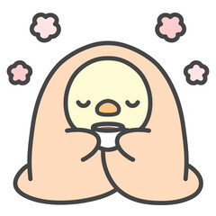 毛布にくるまって温かい飲み物でほっと一息つくひよこの手描きイラスト 　リラックス・休憩・癒し © Nitomaru