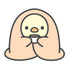 毛布にくるまってカップを持つひよこの手書きイラスト　コーヒーやお茶で温まる冬のリラックス・癒し時間 © Nitomaru