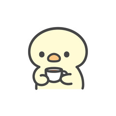 カップを持って見つめるひよこの手書きイラスト　コーヒー・お茶・休憩 © Nitomaru