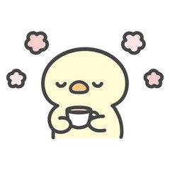 カップを持ってほっと一息つくひよこの手書きイラスト コーヒー・お茶・癒やしの時間 © Nitomaru