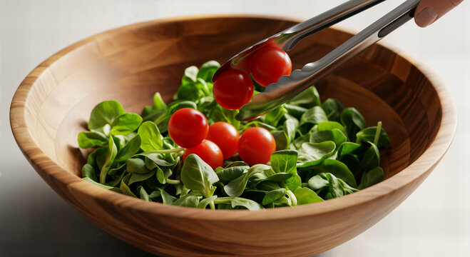 Metal tongs picking cherry tomatoes into wooden bowl with green leaf salad, healthy organic vegetable meal preparation for diet nutrition lifestyle food photography