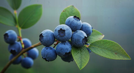 Fototapeta premium Fresh ripe blueberries on branch with green leaves in garden, organic summer berry harvest for healthy lifestyle nutrition antioxidant food photography background decoration.