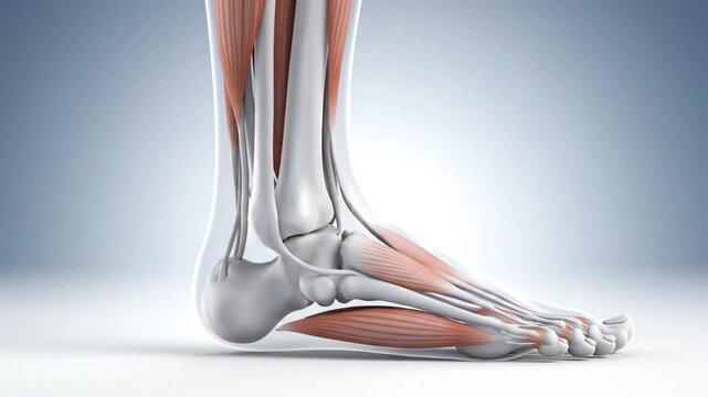 Detailed 3D Anatomy of the Human Foot and Ankle with Bones and Muscles.