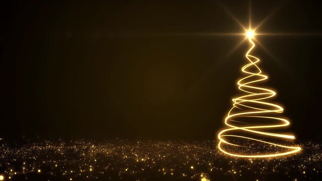 Sparkling Light Trails Form Christmas Tree Shape in Night Sky Dark Background