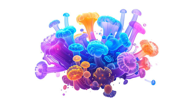 Glowing mushroom cluster with surreal bioluminescence on dark backdrop for creative use