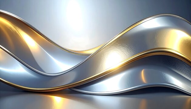Flowing metallic gold and silver abstract waves on light background