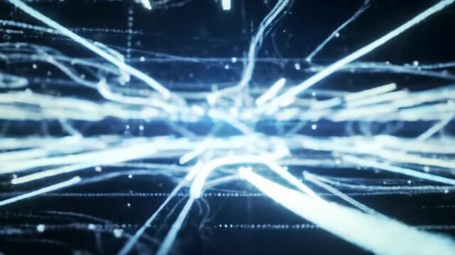 Expansive CG video of boundless digital network, luminous data streams, glowing nodes, deep dark abyss, futuristic cosmos. Cinematic dolly glides, ethereal bokeh, lens flares, Concept of limitless