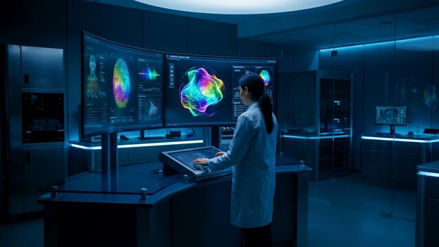 Scientist in a futuristic laboratory analyzes complex biometric data visualizations including a vibrant fingerprint scan and colorful abstract molecular structures on large curved monitors.