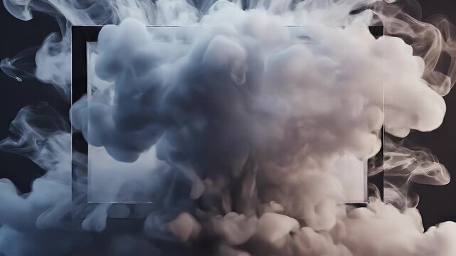 Dense, billowy smoke erupts around a reflective rectangular frame