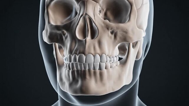 Detailed 3D animation of human skull and teeth within a transparent head, showcasing anatomical structure and dental health.