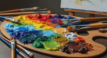 Fototapeta premium Artists Wooden Palette Filled With Vibrant Oil Paints and Brushes.