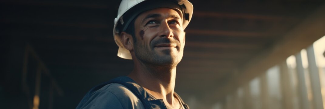 Male construction worker in helmet at construction site