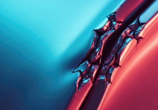 Abstract macro view of a metallic surface undergoing severe stress, showing the complex bending and structural failure of the material under intense pressure, twisted, twisting, abstract