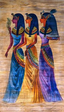Ancient Egyptian Papyrus Illustration of Women in Traditional Historical Garments