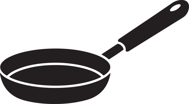 A black frying pan with a handle resting on a flat surface silhouette vector icon